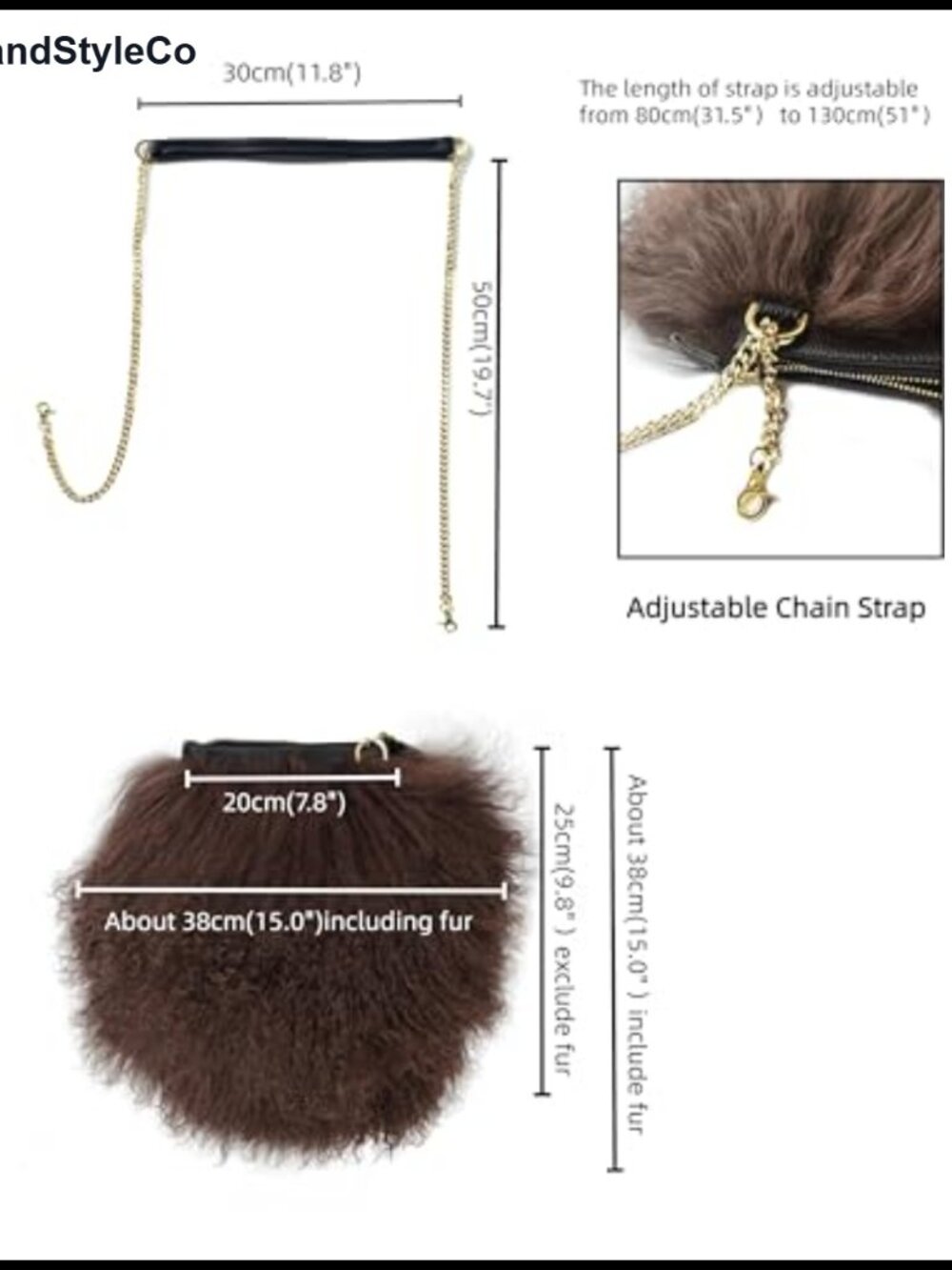 Real Curly Mongolian Fur Crossbody Bag Adjustable Chain Strap - Picture 5 of 6